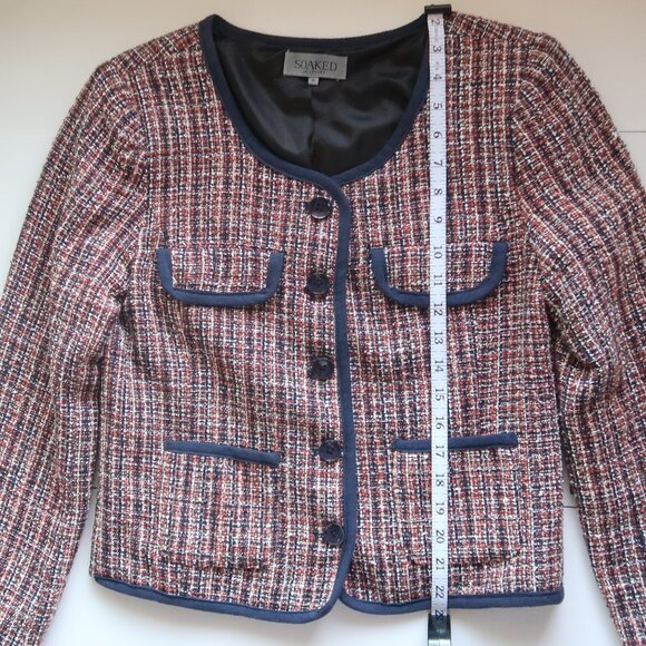 Soaked in Luxury Navy & Tan Tweed Blazer Bouclé Cropped Shoulder Pad Jacket Sz 6 - Picture 14 of 16